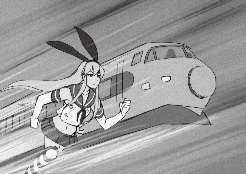 1girl 8_man_(series) clenched_hand derivative_work elbow_gloves feet_out_of_frame gloves greyscale hair_ornament hairband high-speed_train kantai_collection long_hair midriff monochrome motion_lines parody running sailor_collar screenshot_redraw seo_tatsuya shimakaze_(kancolle) sidelocks skirt solo striped_clothes striped_thighhighs thighhighs train white_gloves