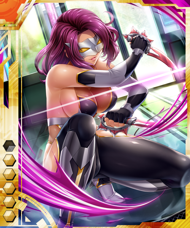 bodysuit breasts card_(medium) card_(orange-ur) card_(ur) cleavage dagger dual_wielding holding kagami_hirotaka knife koukawa_oboro large_breasts mask medium_hair oboro_(taimanin_asagi) purple_hair squatting taimanin_(series) taimanin_asagi_battle_arena_all_card_gallery taimanin_asagi_kessen_arena weapon