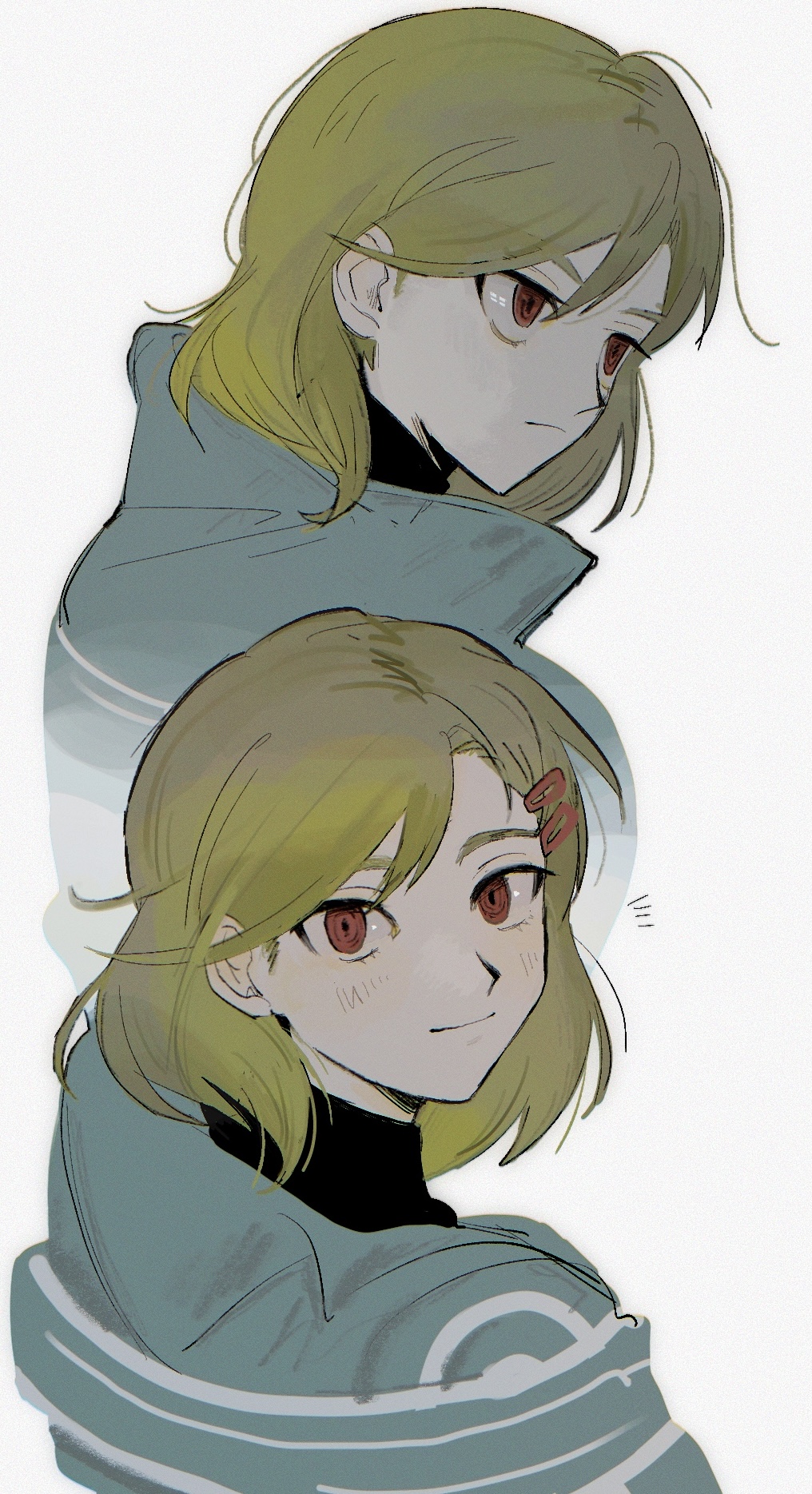 1other antenna_hair aqua_coat back blonde_hair coat dual_persona gnosia hair_ornament hairclip highres looking_at_viewer other_focus red_eyes sema_(vivaviva_02) setsu_(gnosia) short_hair simple_background smile solo turtleneck