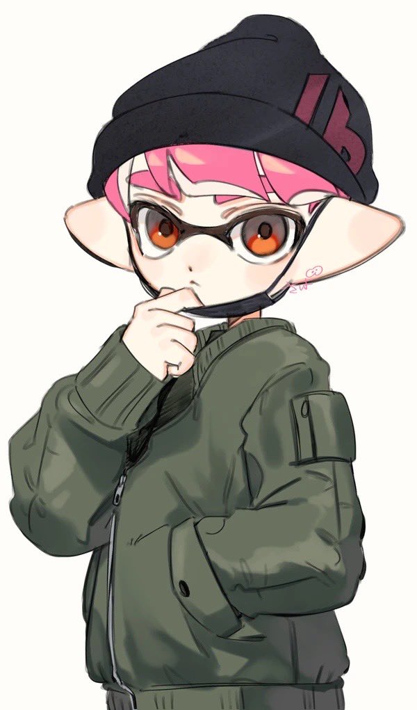 1boy :&lt; adjusting_mask beanie black_hat closed_mouth green_jacket hand_in_pocket hand_up hat inkling inkling_boy inkling_player_character jacket long_sleeves male_focus mask mouth_mask nintendo pink_hair pointy_ears red_eyes sabata_saba short_hair simple_background solo splatoon_(series) tentacle_hair white_background zipper_pull_tab
