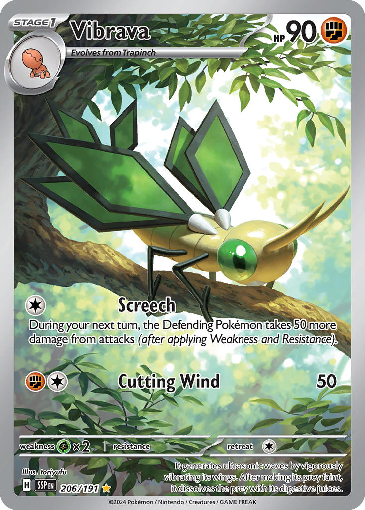 animal_focus antennae artist_name character_name company_name copyright_name copyright_notice english_text gen_3_pokemon green_eyes in_tree insect_wings leaf nature nintendo no_humans official_art outdoors pokemon pokemon_(creature) pokemon_card pokemon_focus pokemon_tcg solo third-party_source tory_youf trading_card trapinch tree vibrava wings