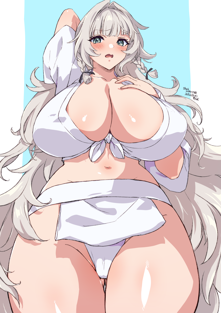 alternate_costume arms_behind_head azur_lane blush braid breasts cowboy_shot embarrassed fundoshi gluteal_fold grey_eyes grey_hair hand_on_own_chest happi highres huge_breasts japanese_clothes long_hair mizu_happi navel open_mouth sidelocks thick_thighs thighs twin_braids very_long_hair vittorio_veneto_(azur_lane) wide_hips yajiro_masaru