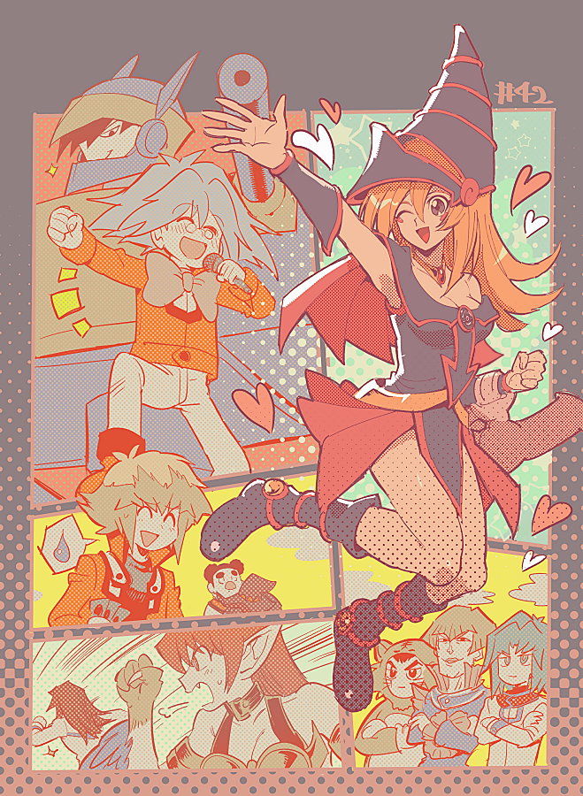 aoki_(fumomo) bare_shoulders blonde_hair blue_eyes blue_footwear blush_stickers boots breasts character_request choker cleavage closed_mouth cronos_de_medici dark_magician_girl duel_monster halftone harpie_lady harpie_lady_1 hat long_hair maeda_hayato manjoume_jun marufuji_ryo marufuji_sho misawa_daichi multiple_boys multiple_girls open_mouth smile tenjouin_asuka tenjouin_fubuki wizard_hat yu-gi-oh! yu-gi-oh!_gx yuki_judai
