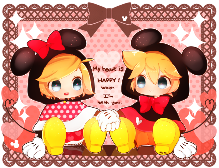 1boy 1girl blonde_hair blue_eyes brother_and_sister chibi cosplay gloves kagamine_len kagamine_rin mami_(sweetcandy) mickey_mouse mickey_mouse_(cosplay) mickey_mouse_ears minnie_mouse minnie_mouse_(cosplay) minnie_mouse_ears open_mouth short_hair siblings smile twins vocaloid