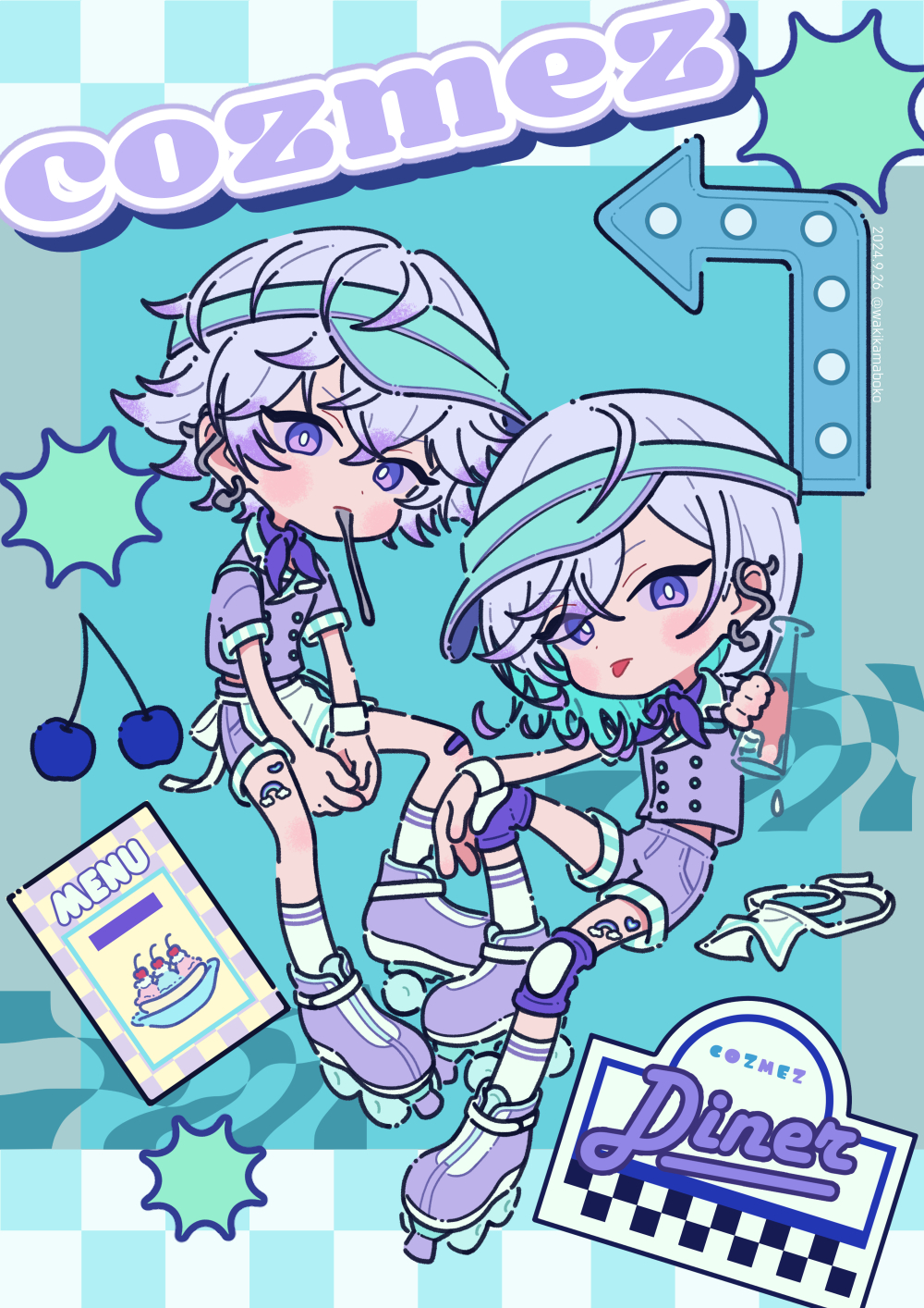 2boys apron arrow_(symbol) blue_hat blush_stickers checkered_background cherry commentary copyright_name cozmez_(paradox_live) cup drinking_glass food fruit grey_hair hat highres holding holding_cup knee_pads looking_at_viewer male_focus menu multiple_boys neki_(wakiko) paradox_live purple_eyes purple_footwear purple_shirt purple_shorts roller_skates shirt short_sleeves shorts sitting skates socks tongue tongue_out utensil_in_mouth visor_cap waist_apron white_apron white_socks yatonokami_kanata yatonokami_nayuta