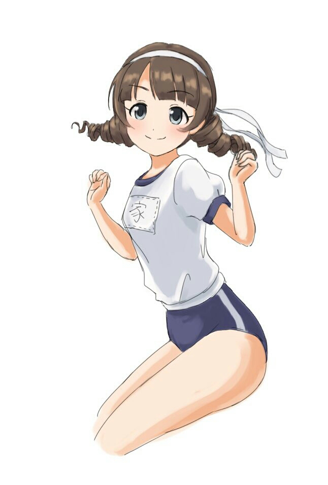 1girl blue_buruma blush buruma gym_uniform hair_ribbon hairband hinako-chan idolmaster idolmaster_cinderella_girls looking_at_viewer ribbon shirt short_sleeves smile solo twintails ujiie_mutsumi white_hairband white_ribbon white_shirt
