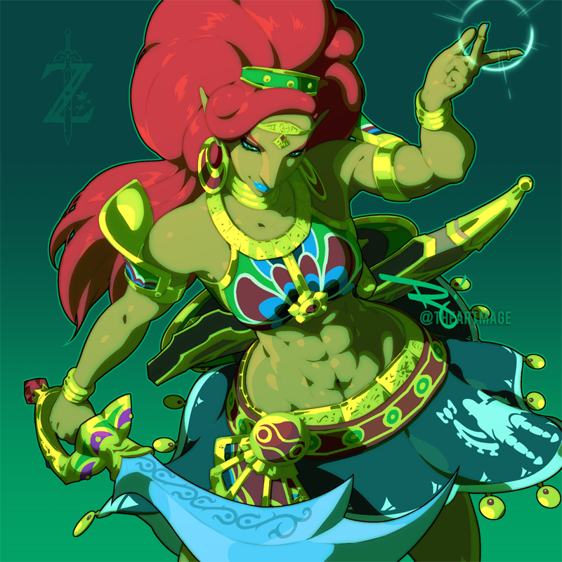 1girl abs bracelet breasts dark-skinned_female dark_skin earrings female_focus green_eyes jewelry lipstick long_hair makeup medium_breasts muscular muscular_female nintendo pointy_ears red_hair simple_background skirt solo sword the_art_mage the_legend_of_zelda the_legend_of_zelda:_breath_of_the_wild urbosa weapon