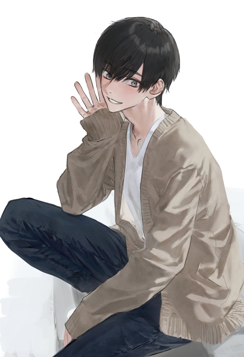 1boy black_hair blue_pants from_side grey_eyes grey_jacket hand_up highres hirota_tsuu jacket long_sleeves looking_at_viewer male_focus open_clothes open_jacket original pants shirt simple_background sitting sleeves_past_wrists smile solo usuzumi_kei white_background white_shirt