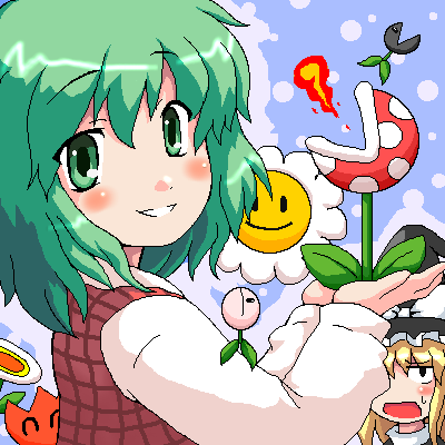 2girls ^_^ blonde_hair closed_eyes crossover fire fire_flower flower green_eyes green_hair hat kazami_yuuka kirisame_marisa looking_at_viewer lowres mario_(series) multiple_girls muncher myonde nintendo nipper_plant oekaki parody piranha_plant plaid_clothes plaid_vest smile super_mario_bros._1 super_marisa_world sweatdrop touhou vest witch_hat