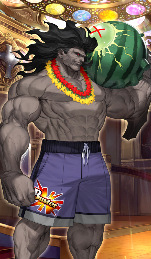 1boy abs azusa_(hws) ball beachball black_hair colored_skin commentary fate/grand_order fate_(series) feet_out_of_frame flower flower_necklace gazer_(fate) grey_skin heracles_(fate) heracles_(formal_dress)_(fate) holding holding_ball holding_beachball indoors jewelry lei light_rays long_hair lord_camelot_(fate) male_focus male_swimwear muscular muscular_male necklace official_art purple_male_swimwear red_eyes red_flower smile solid_eyes solo stained_glass standing swim_trunks third-party_source topless_male veins watermelon_beachball yellow_flower