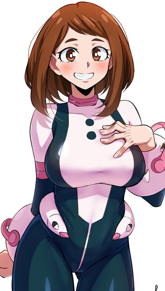 1girl black_bodysuit blush bodysuit boku_no_hero_academia brown_eyes brown_hair female_focus grin looking_at_viewer matching_hair/eyes multicolored_bodysuit pink_bodysuit sidelocks simple_background smile solo superhero_costume teeth tenchi_24 uraraka_ochako uraraka_ochako_(hero_outfit) white_background white_bodysuit