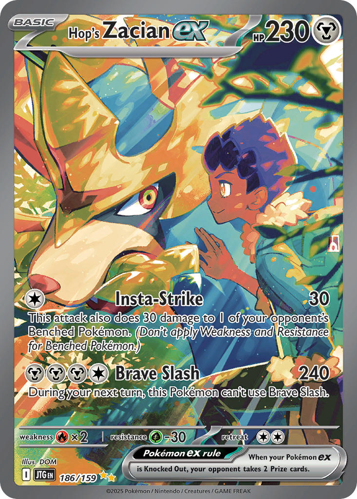 1boy artist_name black_pants blue_jacket card_(medium) character_name closed_mouth company_name copyright_name copyright_notice dappled_sunlight dark-skinned_male dark_skin domu_(hamadura) english_text from_side fur-trimmed_jacket fur_trim gen_8_pokemon hop_(pokemon) jacket legendary_pokemon mouth_hold multicolored_eyes nintendo official_art outdoors pants pokemon pokemon_(creature) pokemon_card pokemon_swsh pokemon_tcg purple_hair red_eyes short_hair smile sunlight third-party_source trading_card two-tone_eyes yellow_eyes zacian zacian_(crowned)