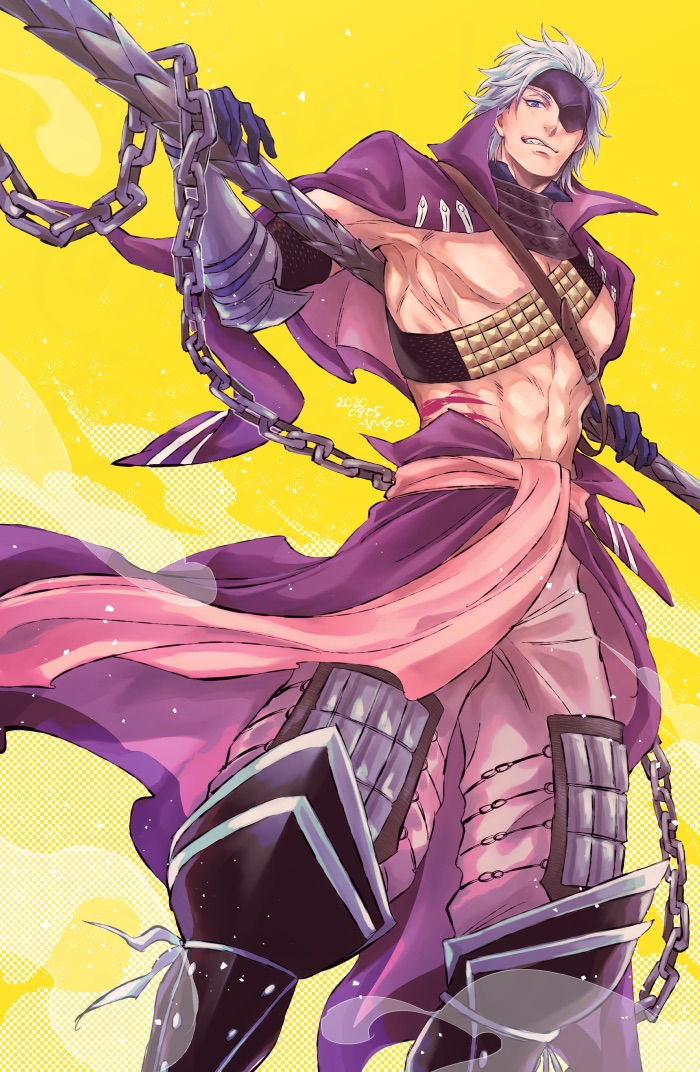 1boy abs ango_(f_ango) bare_pectorals black_gloves boots cape chousokabe_motochika_(sengoku_basara) eyepatch gloves grey_hair grey_pants grimace holding holding_behind_back holding_polearm holding_polearm_behind_back holding_weapon holding_weapon_behind_back male_focus pants pectorals polearm purple_cape sengoku_basara short_hair solo toned toned_male weapon yellow_background