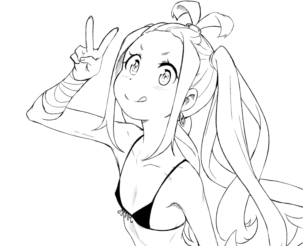 1girl :q antenna_hair bandaged_arm bandages bikini blush collarbone commentary earrings english_commentary flat_chest front-tie_bikini_top front-tie_top geewhy hoop_earrings jewelry liliana_masquerade lineart long_hair looking_at_viewer micro_bikini monochrome re:zero_kara_hajimeru_isekai_seikatsu sidelocks solo spaghetti_strap swimsuit tongue tongue_out twintails v
