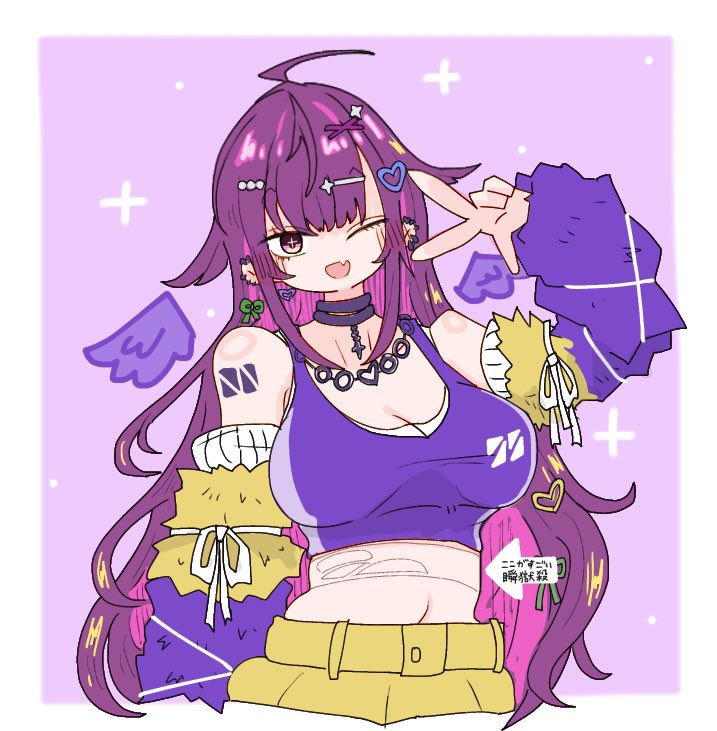 1girl :d ahoge blush breasts brown_hair cleavage colored_inner_hair commentary_request detached_sleeves detached_wings fang fur_sleeves hair_ornament hairclip large_breasts long_hair looking_at_viewer midriff miso_love_ini multicolored_hair nanashi_inc. navel one_eye_closed open_mouth purple_background purple_hair purple_sleeves purple_sports_bra purple_wings skin_fang smile solo sports_bra upper_body uruwashi_ririri v very_long_hair virtual_youtuber wings