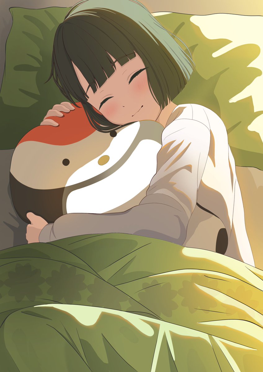 1girl ^_^ black_hair blunt_bangs blunt_ends blush cardigan closed_eyes closed_mouth commentary feet_out_of_frame grey_cardigan head_on_pillow hugging_doll hugging_object link!_like!_love_live! long_sleeves love_live! momose_ginko momose_ginko_(summer_loungewear) morio_(mmorio_mu) official_alternate_costume pillow short_hair sleeping smile solo stuffed_animal stuffed_bird stuffed_toy tsuru_(love_live!) under_covers virtual_youtuber