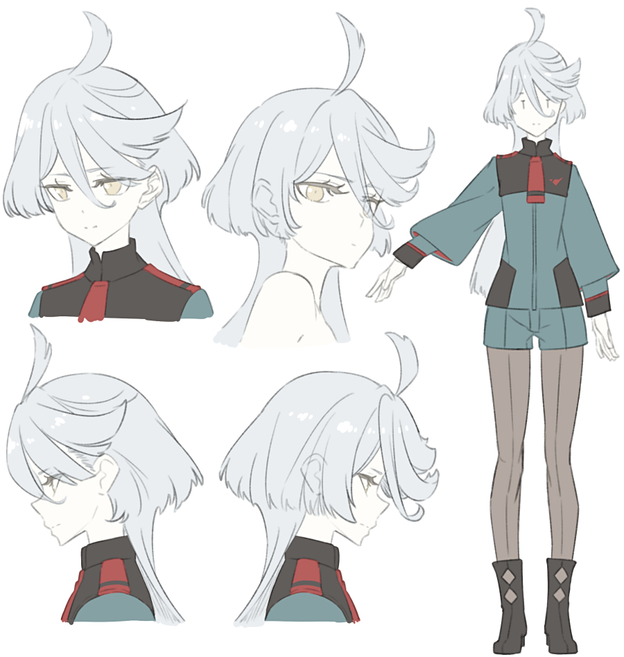 1girl reference_sheet grey_hair gundam gundam_suisei_no_majo long_hair long_sleeves looking_at_viewer looking_down looking_to_the_side miorine_rembran sakuraba_yuuki shoes shorts tagme yellow_eyes