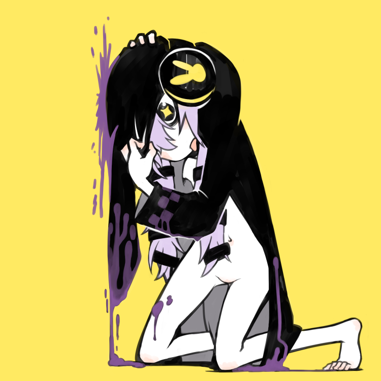 1girl against_wall alternate_eye_color animal_hood barefoot behind-the-head_headphones black_coat black_eyes blood blush clutching_head coat full_body hair_ornament hairclip head_down headphones hood hood_pull hood_up hooded_coat invisible_wall kneeling long_hair naked_coat navel open_clothes open_coat purple_blood purple_hair rabbit_hood simple_background solo star-shaped_pupils star_(symbol) symbol-shaped_pupils tongue tongue_out voiceroid wide-eyed yamadori_seika yellow_background yuzuki_yukari yuzuki_yukari_(lin)