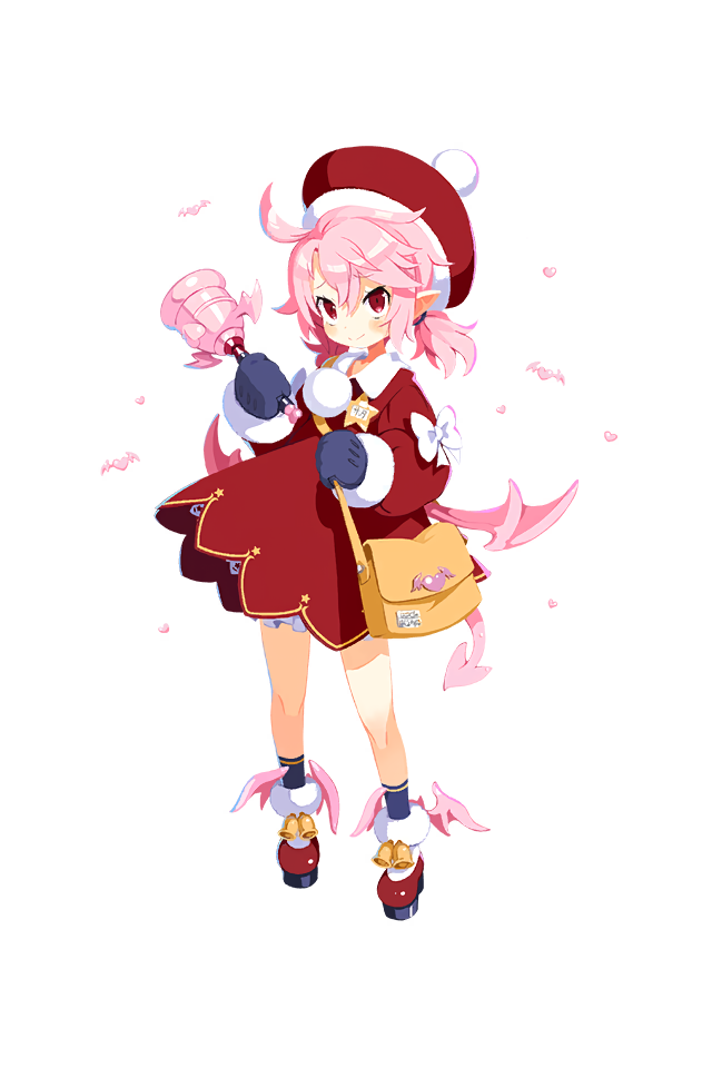 1girl ankle_wings bag demon_girl demon_tail demon_wings disgaea disgaea_rpg dress gloves handbag harada_takehito hat long_sleeves looking_at_viewer low_wings medium_hair multiple_wings non-web_source official_art photoshop_(medium) pink_hair pink_tail pink_wings pointy_ears red_dress red_eyes smile solo tail transparent_background twintails wings