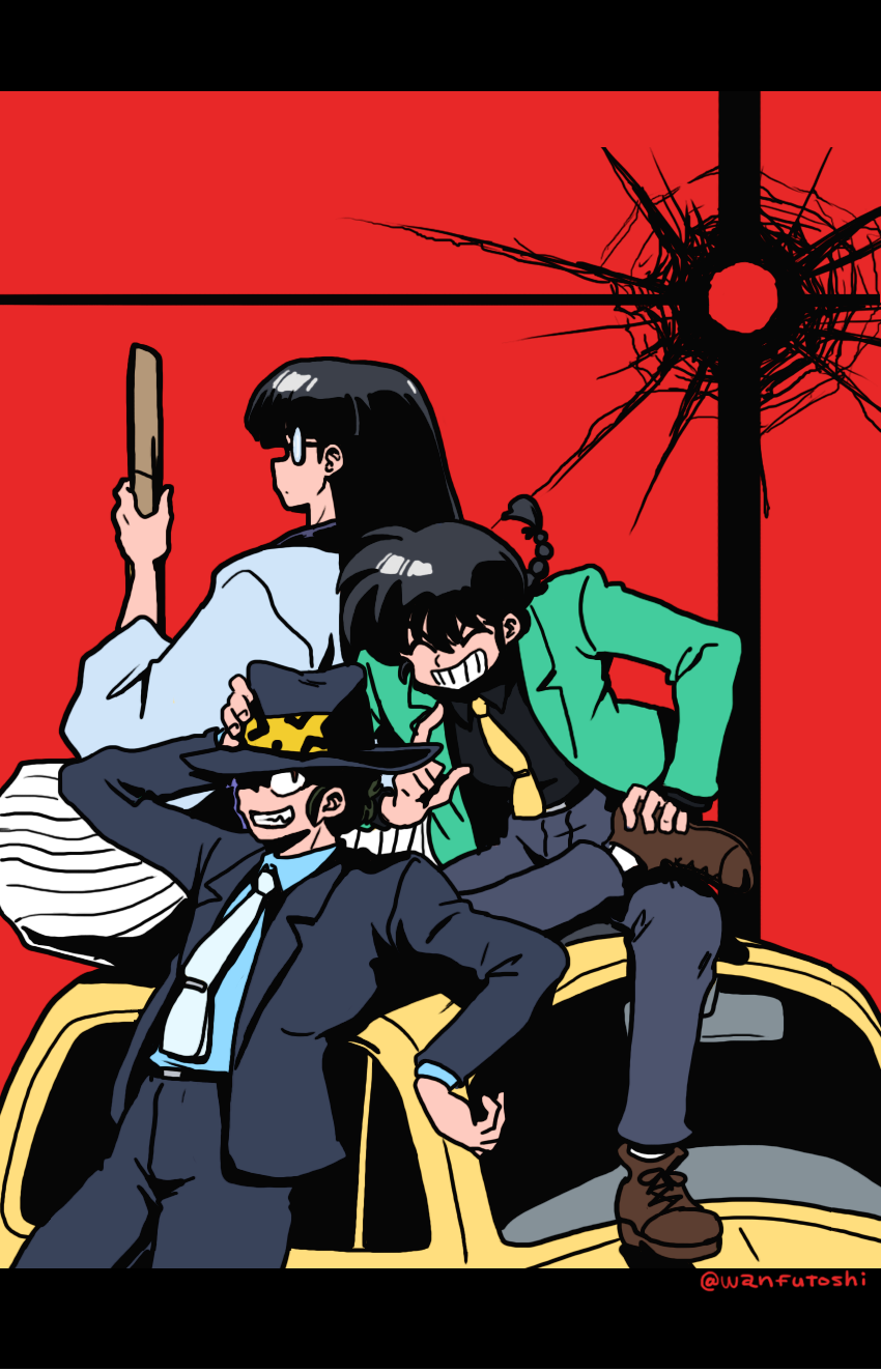 arsene_lupin_iii arsene_lupin_iii_(cosplay) cat closed_eyes cosplay hat hibiki_ryouga highres jigen_daisuke jigen_daisuke_(cosplay) lupin_iii mousse_(ranma_1/2) necktie ranma_1/2 saotome_ranma wanta_(futoshi)