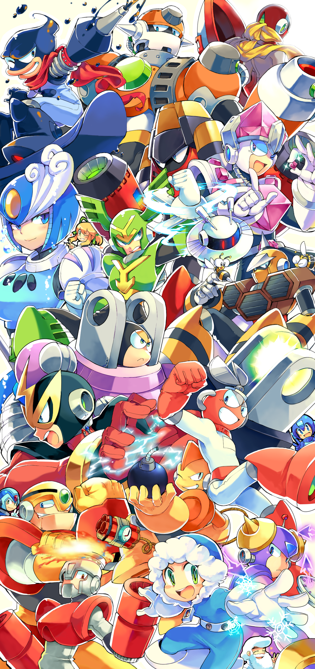 1girl 6+boys :d angry arm_cannon armor beard blue_eyes bomb bomb_man clenched_hand closed_eyes concrete_man cut_man dr._light_(mega_man) elec_man explosive facial_hair fire fire_man frown fur_trim galaxy_man gem gloves green_eyes grimace grin guts_man helmet highres hornet_man ice_man iroyopon jewel_man magma_man mask mega_man:_powered_up mega_man_(character) mega_man_(classic) mega_man_(series) mega_man_9 x_(mega_man) mega_man_x_(series) multiple_boys oil oil_man one_eye_closed open_mouth parka plug_man proto_man red_eyes robot rockman_(game) roll_(mega_man) scarf scissors shield smile splash_woman time_man tornado_man v wasp weapon white_hair wink