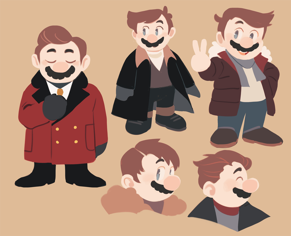 black_jacket blue_pants brown_hair brown_jacket facial_hair gigi_d.g. jacket male_focus mario mario_(series) mustache nintendo pants red_jacket source_request