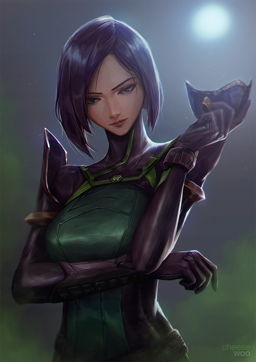 1girl artist_name black_gloves black_hair bodysuit cheesewoo closed_mouth female_focus gloves green_eyes highres holding holding_mask looking_at_viewer mask unworn_mask mouth_mask short_hair simple_background solo upper_body valorant viper_(valorant)