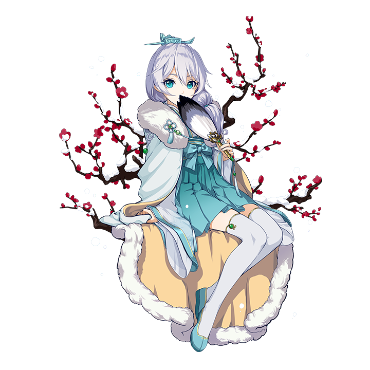 1girl blue_eyes chinese_clothes coat covered_mouth full_body fur-trimmed_coat fur_trim green_shoes green_skirt hair_ornament hand_fan holding holding_fan holding_instrument honkai_(series) honkai_impact_3rd instrument long_hair official_art parted_lips shoes sitting skirt solo tassel theresa_apocalypse thighhighs third-party_source transparent_background white_hair white_thighhighs zhuge_kongming_(honkai_impact)