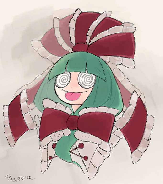 1girl :p @_@ bow front_ponytail green_hair kagiyama_hina pepponeppo red_ribbon ribbon tongue tongue_out touhou