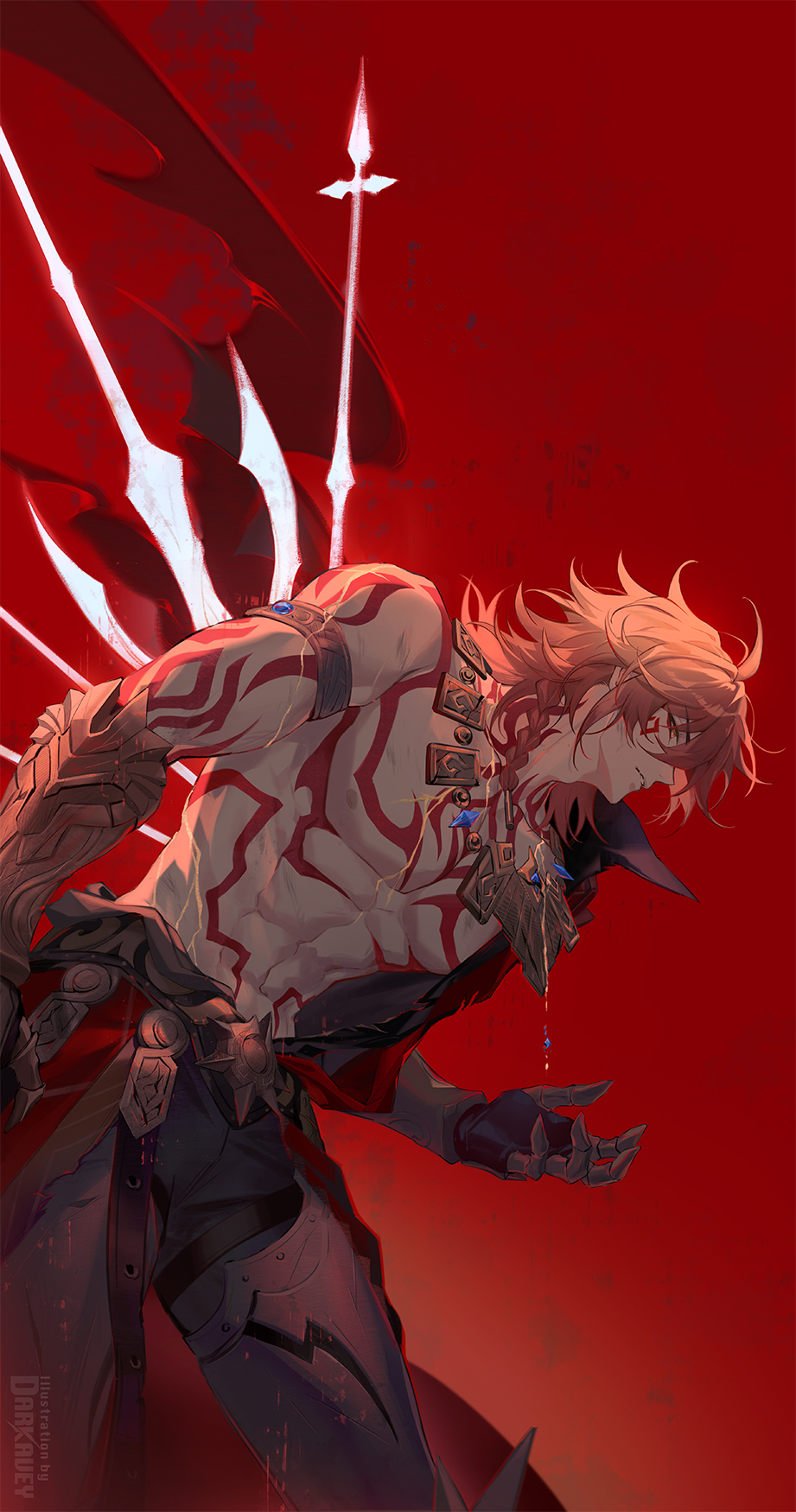 1boy abs arm_tattoo armlet armored_boots bare_pectorals black_coat black_pants blonde_hair blood boots braid chest_tattoo clawed_gauntlets coat darkavey facial_tattoo from_side gold_necklace gradient_hair hair_between_eyes highres honkai:_star_rail honkai_(series) jewelry liquid_gold male_focus medium_hair multicolored_hair mydei_(honkai:_star_rail) navel necklace open_clothes open_coat pants pectorals red_background red_hair red_tattoo side_braid simple_background solo tattoo toned toned_male yellow_eyes