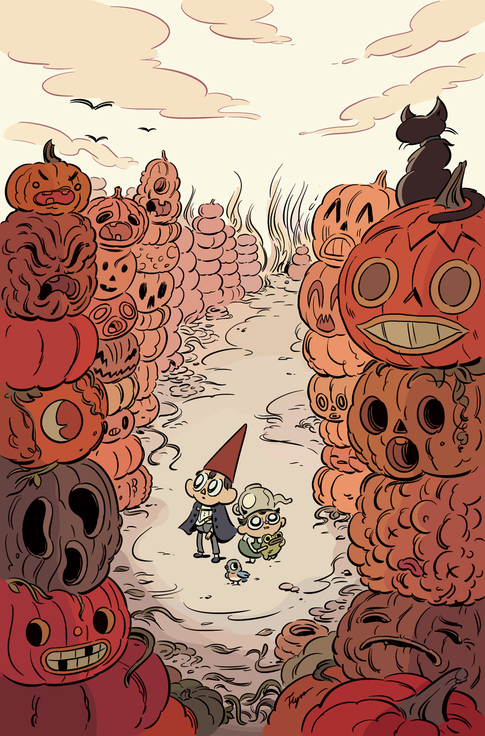 2boys beatrice_(over_the_garden_wall) bird bobjinx brown_hair child gregory_(over_the_garden_wall) halloween highres kettle multiple_boys over_the_garden_wall pointy_hat pumpkin wirt_(over_the_garden_wall)