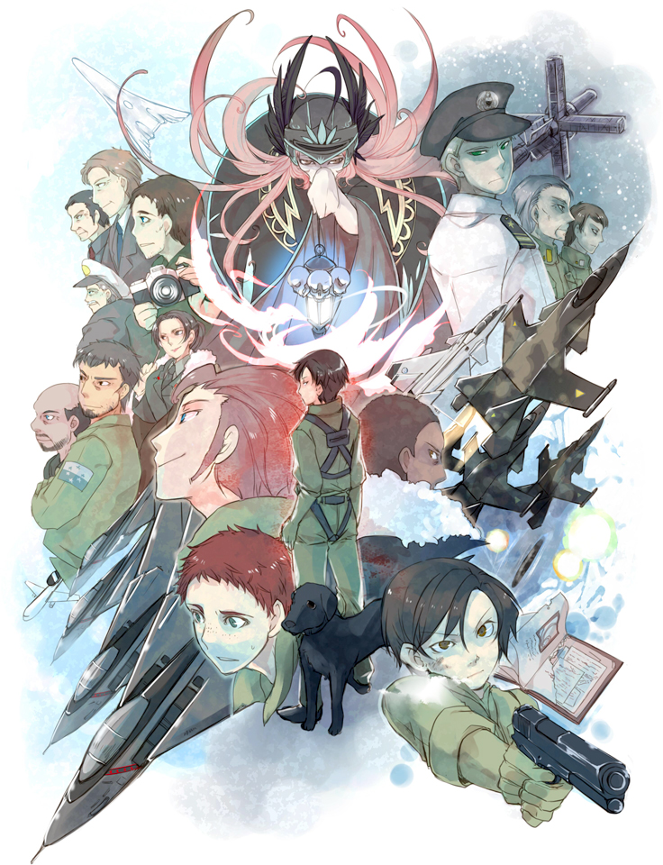 2girls 6+boys ace_combat ace_combat_5 airborne_early_warning_and_control aircraft airplane albert_genette alvin_h_davenport arkbird artist_request black_hair boeing_767 book brown_hair camera captain_andersen captain_snow_(ace_combat_5) dark_skin dog e-767 everyone f-14_tomcat fighter_jet flight_suit freckles g-suit gun hans_grimm hat holding jack_bartlett kei_nagase lantern military military_hat military_uniform military_vehicle multiple_boys multiple_girls namco pilot_suit pops_(ace_combat_5) razgriz red_hair s-32 satellite snow weapon