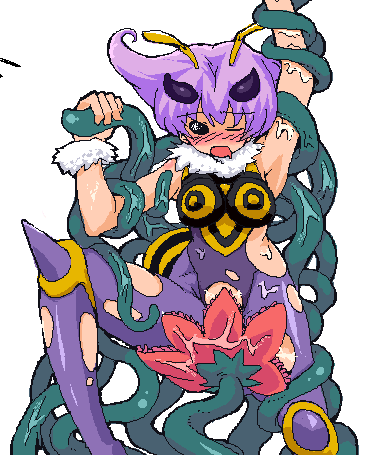antennae bee_girl black_eyes blush breasts capcom arthropod_girl lowres monster_girl pantyhose purple_hair q-bee rape short_hair tentacles torn_clothes darkstalkers wince wink