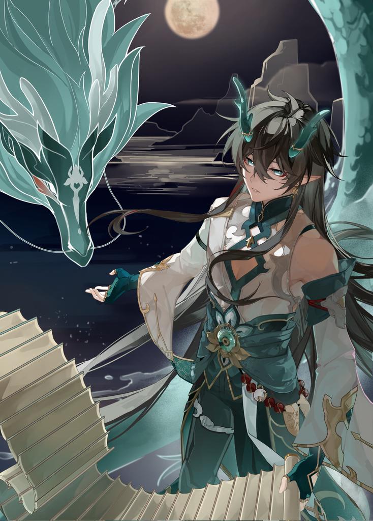 1boy black_hair chinese_clothes commentary dan_heng_(honkai:_star_rail) dan_heng_(imbibitor_lunae)_(honkai:_star_rail) dragon dragon_boy eastern_dragon eastern_dragon_horns fingerless_gloves full_moon gloves green_gloves green_horns honkai:_star_rail honkai_(series) horns long_hair long_sleeves luoxue557 male_focus moon parted_lips pointy_ears solo very_long_hair
