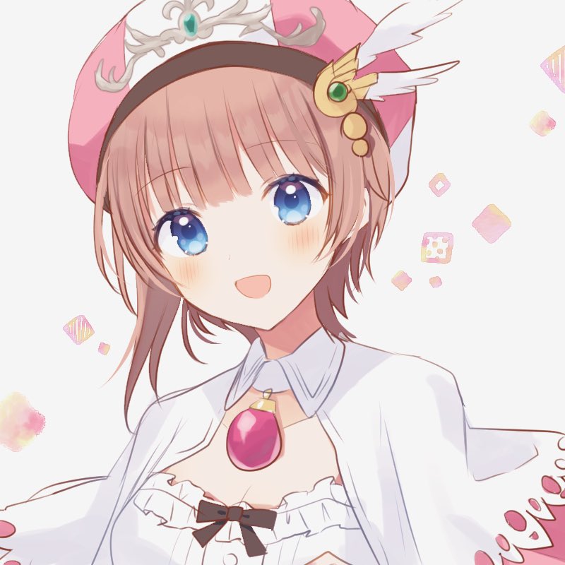 1girl :d aiyan atelier_(series) atelier_rorona blue_eyes blush breasts brown_hair capelet cleavage commentary_request hat looking_at_viewer open_mouth pink_hat rorolina_frixell short_hair smile solo upper_body white_capelet