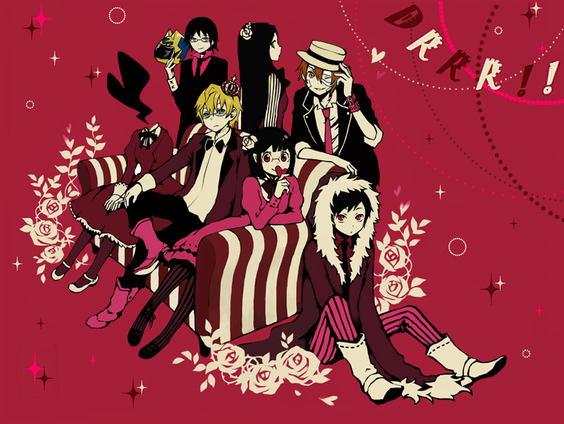 3girls 4boys bandages black_bow black_bowtie black_hair blonde_hair boots bow bowtie bracelet brown_hair celty_sturluson cigarette coat couch crown dress dullahan durarara!! floral_print flower flower_on_head formal_clothes fur-trimmed_coat fur_trim glasses haru_(united-kingdom) hat headless heart heiwajima_shizuo helmet holding holding_cigarette holding_helmet jewelry kishitani_shinra long_hair looking_at_viewer mini_crown multiple_boys multiple_girls on_floor one_eye_closed orihara_izaya pants pink_background pink_dress pink_theme rokujou_chikage rose short_hair sitting sonohara_anri standing striped_clothes striped_pants white_flower white_rose yagiri_namie