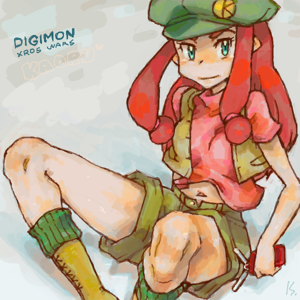 digimon digimon_(creature) digimon_xros_wars digimon_xros_wars:_toki_wo_kakeru_shounen_hunter-tachi hat kaoru_(digimon) red_eyes shorts smile