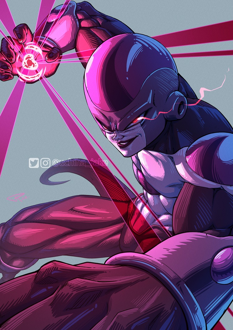 1boy arm_up artist_name biceps black_frieza black_lips colored_skin commentary dragon_ball dragon_ball_super energy english_commentary evil_smile frieza glowing glowing_eye grey_background instagram_logo instagram_username lips male_focus muscular muscular_male parted_lips red_eyes signature simple_background smile solo tail twitter_logo twitter_username uchiha_jake v-shaped_eyebrows