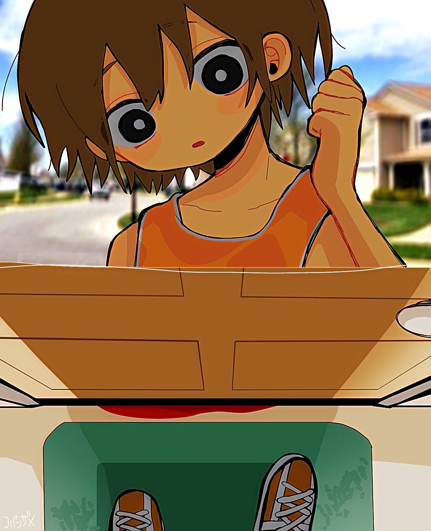 1boy alternate_eye_color black_eyes blood bright_pupils brown_hair collarbone dark-skinned_male dark_skin day door highres kel_(faraway)_(omori) kel_(omori) kobanzame_omo male_focus omori orange_shoes outdoors parted_lips photo_background shoes short_hair sneakers solo white_pupils