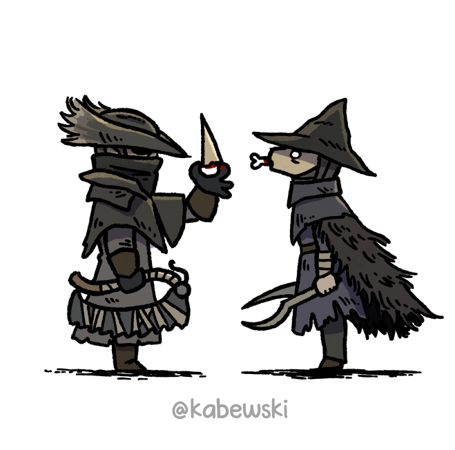 1girl 1other ambiguous_gender black_gloves blood bloodborne bone brown_hair brown_hat dual_wielding eileen_the_crow english_text from_side gloves hat holding holding_weapon hunter_(bloodborne) kabewski mask mouth_mask plague_doctor_mask saw saw_cleaver short_hair simple_background standing weapon white_background