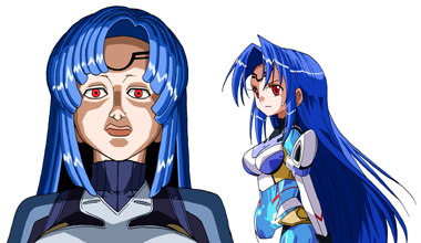 2girls android bad_source blue_hair bootleg breasts closed_mouth commentary_request curtained_hair kos-mos lips long_hair looking_at_viewer lowres maso_(ascii_art) medium_breasts mokkos multiple_girls red_eyes simple_background sweat very_long_hair white_background xenosaga xenosaga_episode_ii