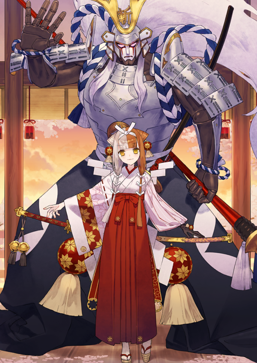 1girl armor asymmetrical_sleeves black_gloves blunt_bangs breasts closed_mouth double_bun fate/grand_order fate_(series) full_body game_cg gloves hair_bun hair_over_shoulder hairband hakama hakama_skirt helmet izumo_no_okuni_(fate) izumo_no_okuni_(second_ascension)_(fate) japanese_armor japanese_clothes kabuto_(helmet) katana kimono long_hair long_skirt long_sleeves looking_at_viewer low-tied_long_hair multicolored_hair noco_(adamas) nontraditional_miko official_art okobo orange_hair outstretched_arms platform_sandals puffy_long_sleeves puffy_sleeves red_hakama robot rope samurai sandals sheath sheathed shide shoulder_armor single_glove skirt smile socks sode split-color_hair standing sword tabi tassel third-party_source two-tone_hair variant_set weapon white_armor white_hair white_hairband white_kimono white_socks wide_sleeves zanzaburou_(fate)