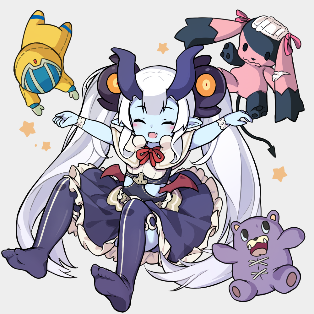 1girl arum_(world_flipper) blue_skin blue_thighhighs closed_eyes colored_skin eyelashes full_body grey_background long_hair low_wings mwm5 open_mouth outstretched_arms pointy_ears simple_background solo spread_arms stuffed_animal stuffed_rabbit stuffed_toy teddy_bear thighhighs twintails very_long_hair white_hair wings world_flipper wrist_cuffs