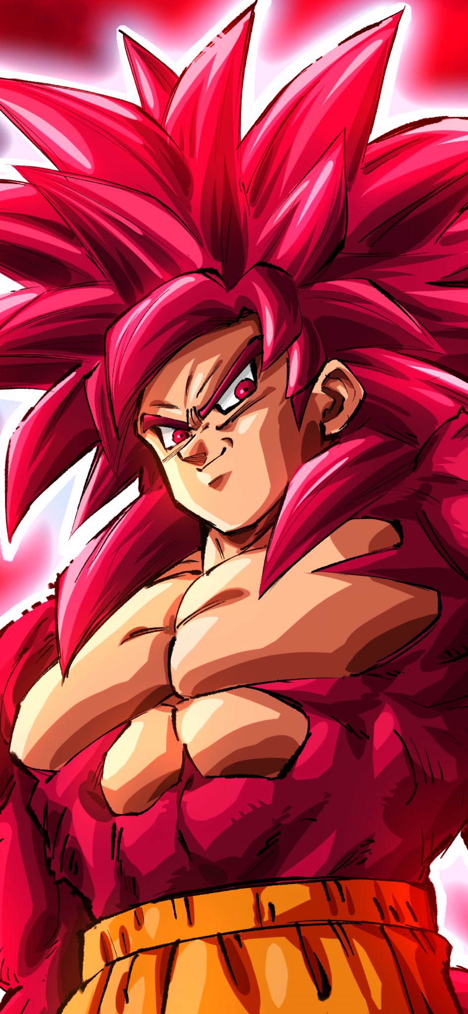 1boy aura body_fur debris dragon_ball dragon_ball_daima foot_out_of_frame highres long_hair male_focus muscular muscular_male orange_pants pants red_background red_eyes red_fur red_hair rz28kp simple_background solo son_goku spiked_hair super_saiyan super_saiyan_4 topless_male