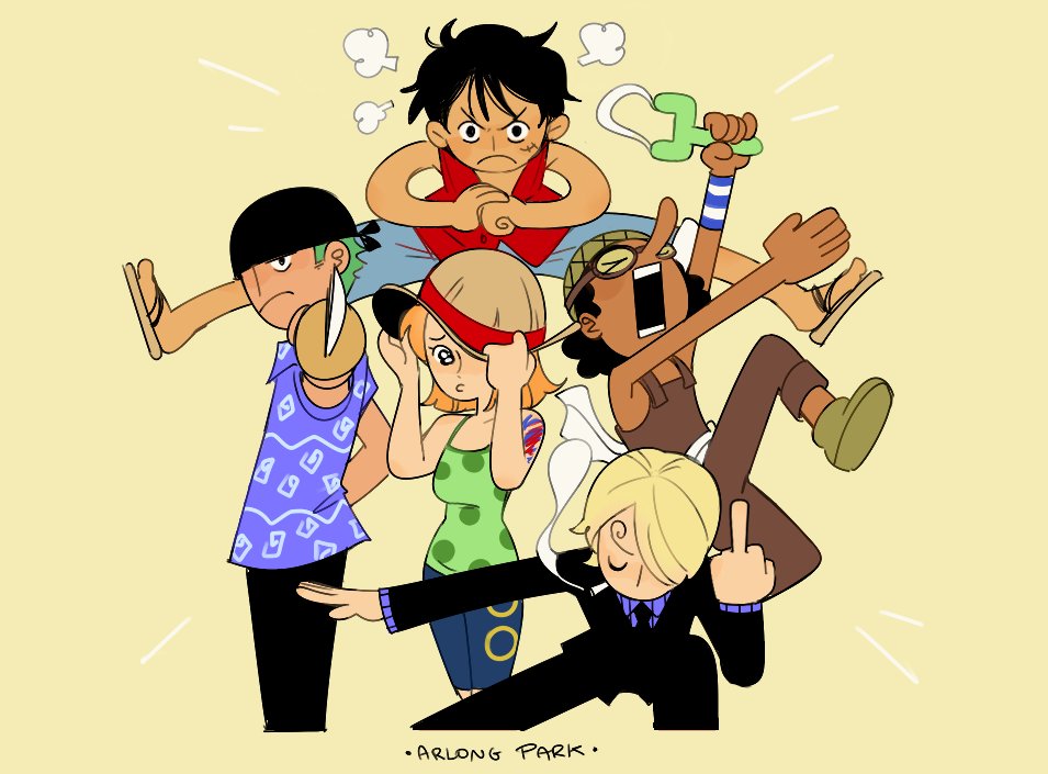 1girl 4boys bare_shoulders black_hair black_necktie black_suit blonde_hair blood brown_overalls cesel dark-skinned_male dark_skin formal_clothes hair_over_one_eye hat holding holding_sword holding_weapon long_nose looking_at_viewer middle_finger monkey_d._luffy multiple_boys nami_(one_piece) nami_(one_piece)_(arlong_park) necktie one_piece overalls roronoa_zoro sanji_(one_piece) short_hair shoulder_tattoo sleeveless straw_hat straw_hat_pirates suit sword tank_top tattoo usopp weapon wristband yellow_background