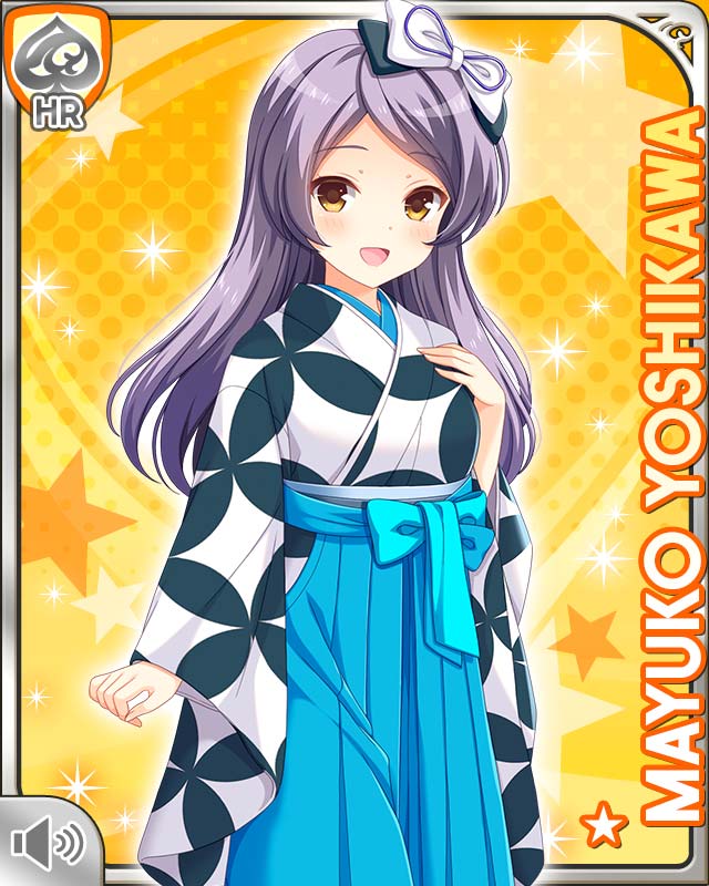 1girl blue_skirt bow card character_name cosplay girlfriend_(kari) grey_hair hair_bow japanese_clothes kimono kimono_skirt long_hair official_art open_mouth patterned_clothing qp:flapper skirt smile solo tagme taishou_era white_bow white_kimono yellow_background yellow_eyes yoshikawa_mayuko