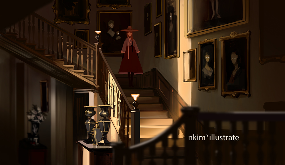 1girl artist_name banister black_gloves black_hair boots braid brown_hair commentary english_commentary flower full_body gloves hair_over_shoulder hat high-waist_skirt indoors long_hair long_skirt long_sleeves nadia_kim neck_ribbon original painting_(object) pink_hat pink_ribbon pink_shorts pink_sleeves plant pocket potted_plant red_skirt ribbon rose scenery shorts single_braid skirt solo stairs top_hat vase white_eyes white_flower white_rose wide_brim wide_shot