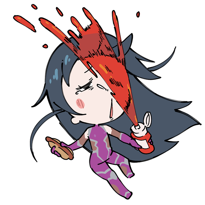 1girl :o bare_shoulders blush_stickers bodysuit chibi fishnets food food_on_face gloves holding holding_food igawa_asagi ketchup ketchup_bottle long_hair shiny_clothes shiny_skin skin_tight solo surprised taimanin_(series) taimanin_asagi taimanin_suit taimanun tears transparent_background weapon wide_hips