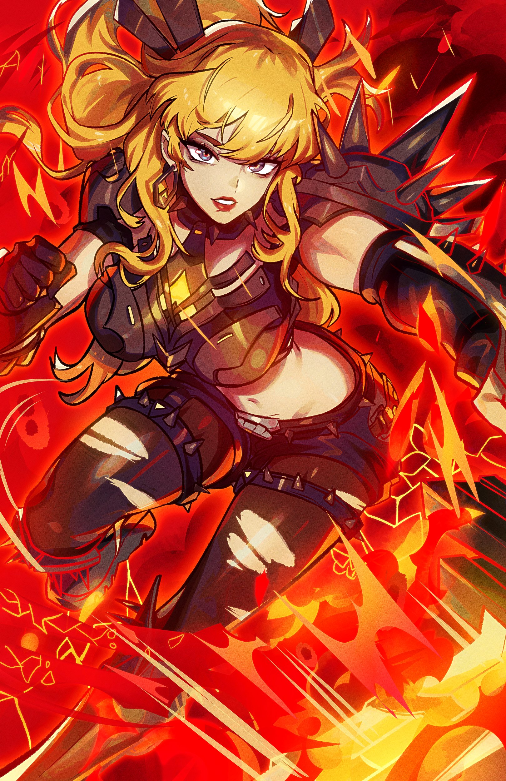 1girl absurdres black_gloves blonde_hair breasts elbow_gloves fire gloves highres long_hair looking_at_viewer magik_(x-men) marvel pantyhose ryairyai smile solo tagme thigh_strap torn_clothes torn_pantyhose x-men