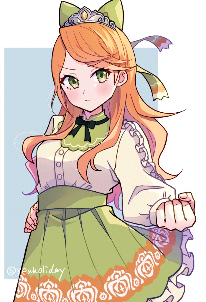 black_bow black_bowtie bow bowtie etie_(fire_emblem) fire_emblem fire_emblem_engage gem gogatsu_(yeaholiday) green_bow green_eyes green_shirt green_skirt nintendo orange_gemstone orange_hair shirt skirt swept_bangs tiara